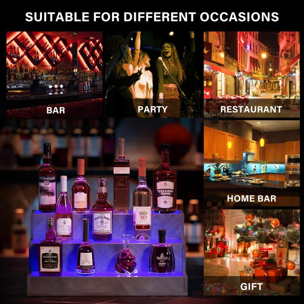 LED Lighted Liquor Bottle Display Shelf, 24 Inch Bar Display Shelf, DIY Illuminated Bottle Shelf With App & Remote Control, 3 Step Freestanding Holding Bottles For Home Bar, Party, Grey