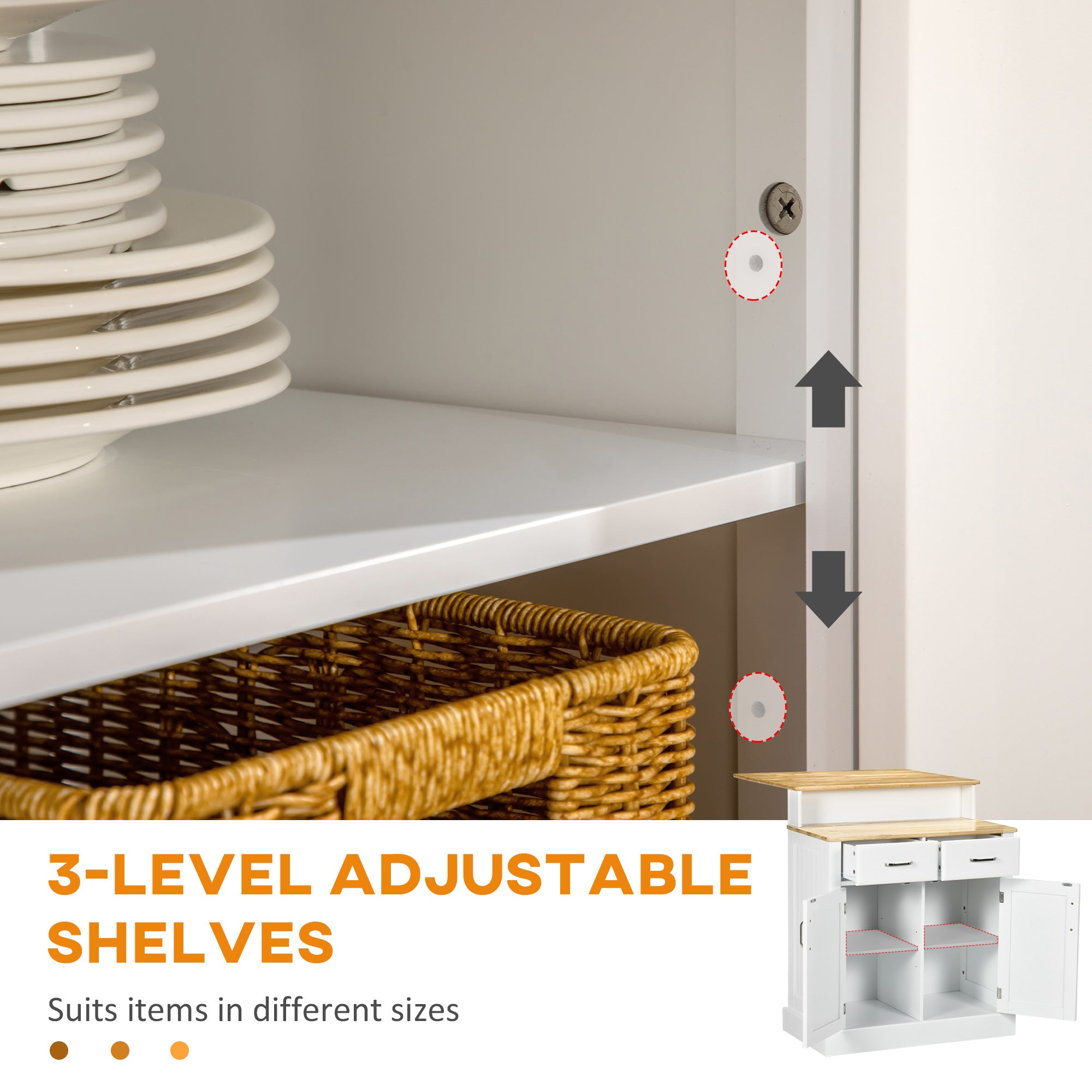 Kitchen Island with 2-Level Rubber Wood Tabletop, Island Table with Adjustable Shelves and Drawers, White