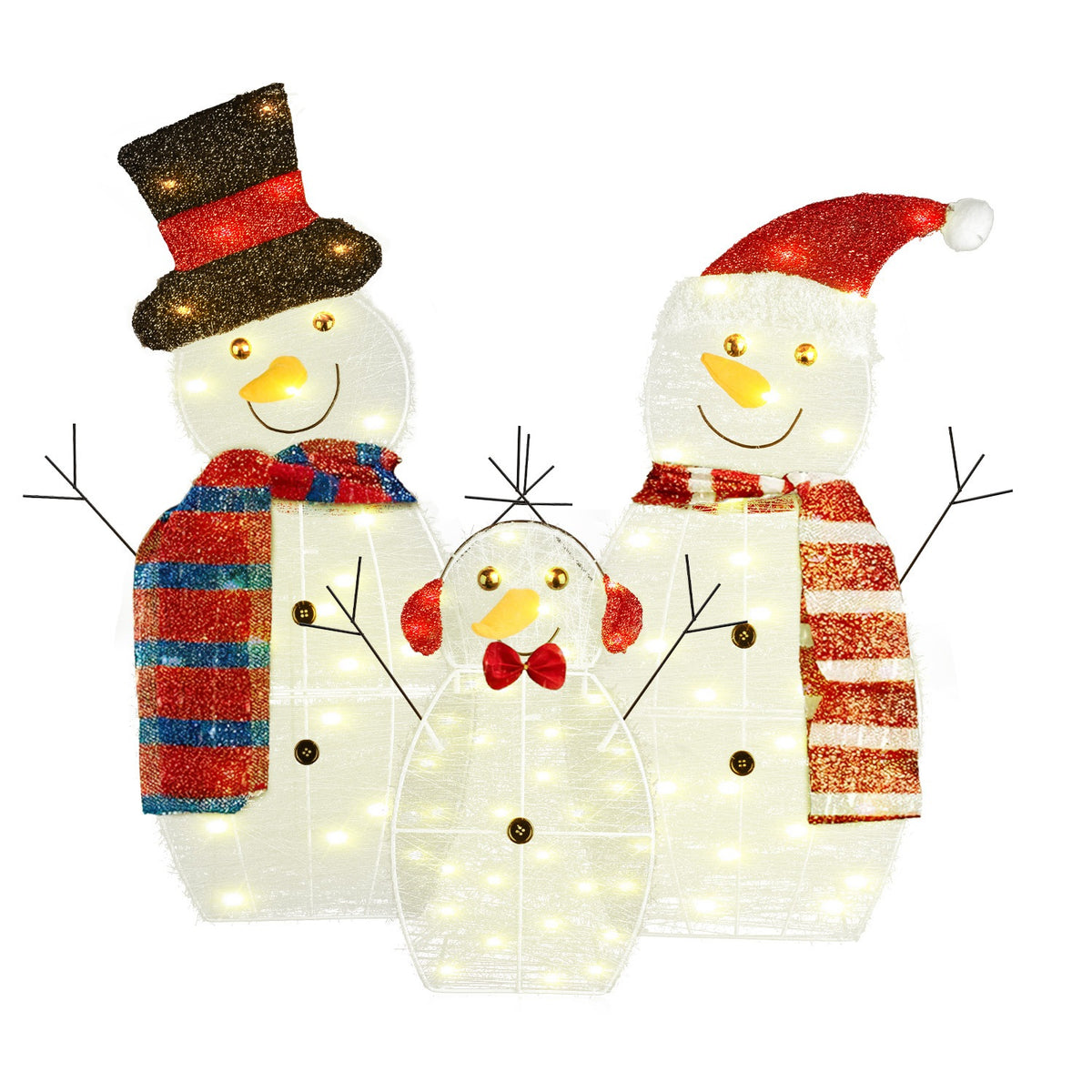 3Pcs 2D Christmas Snowman Yard Decoration Snowman Family Outdoor Decoration With 90Pcs LED Warm Yellow Lights 8 Lighting Modes IP44 Waterproof For Christmas Holiday Display