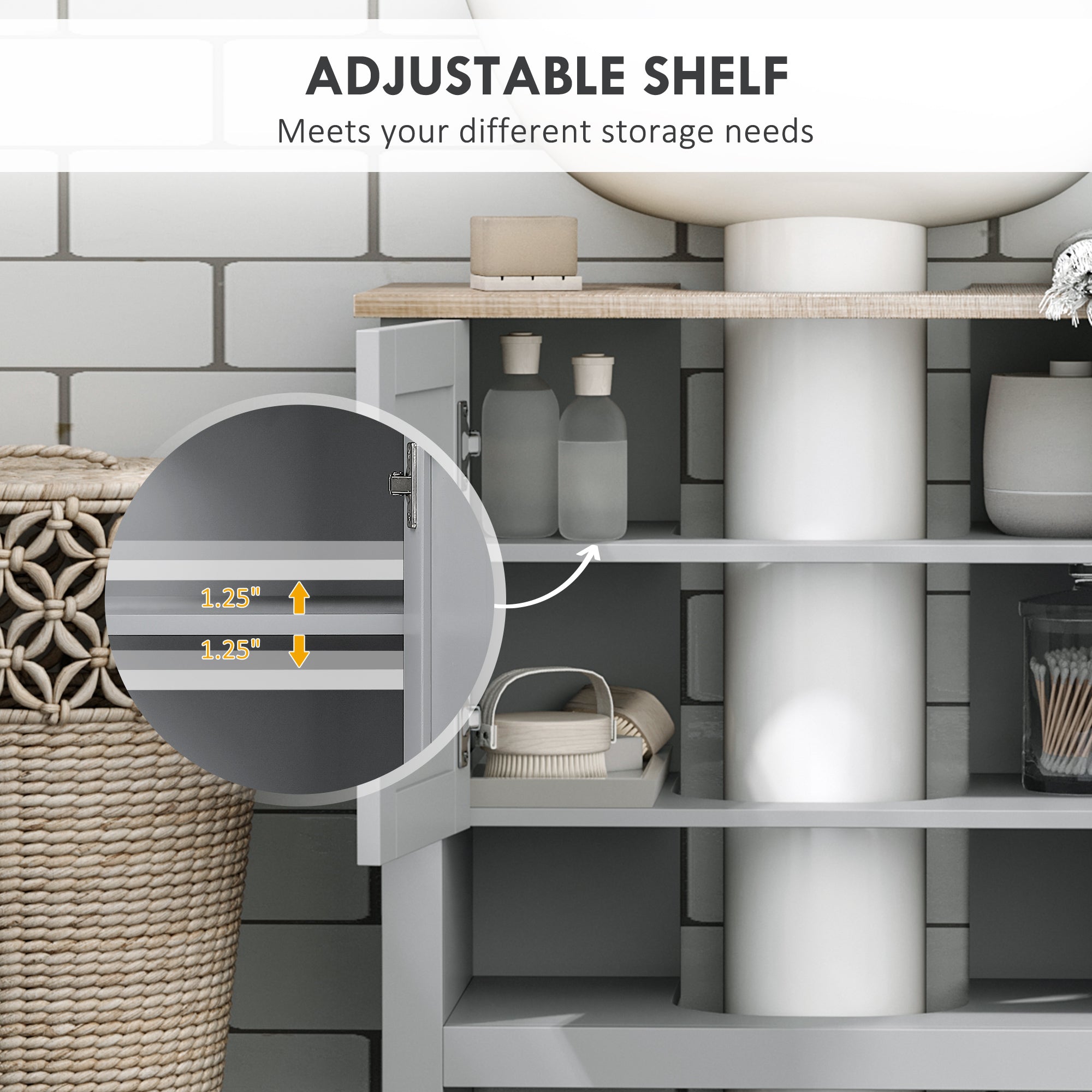 Pedestal Sink Storage Cabinet, Under Sink Cabinet, Bathroom Vanity Cabinet with Adjustable Shelf and Open Bottom Shelf, Gray