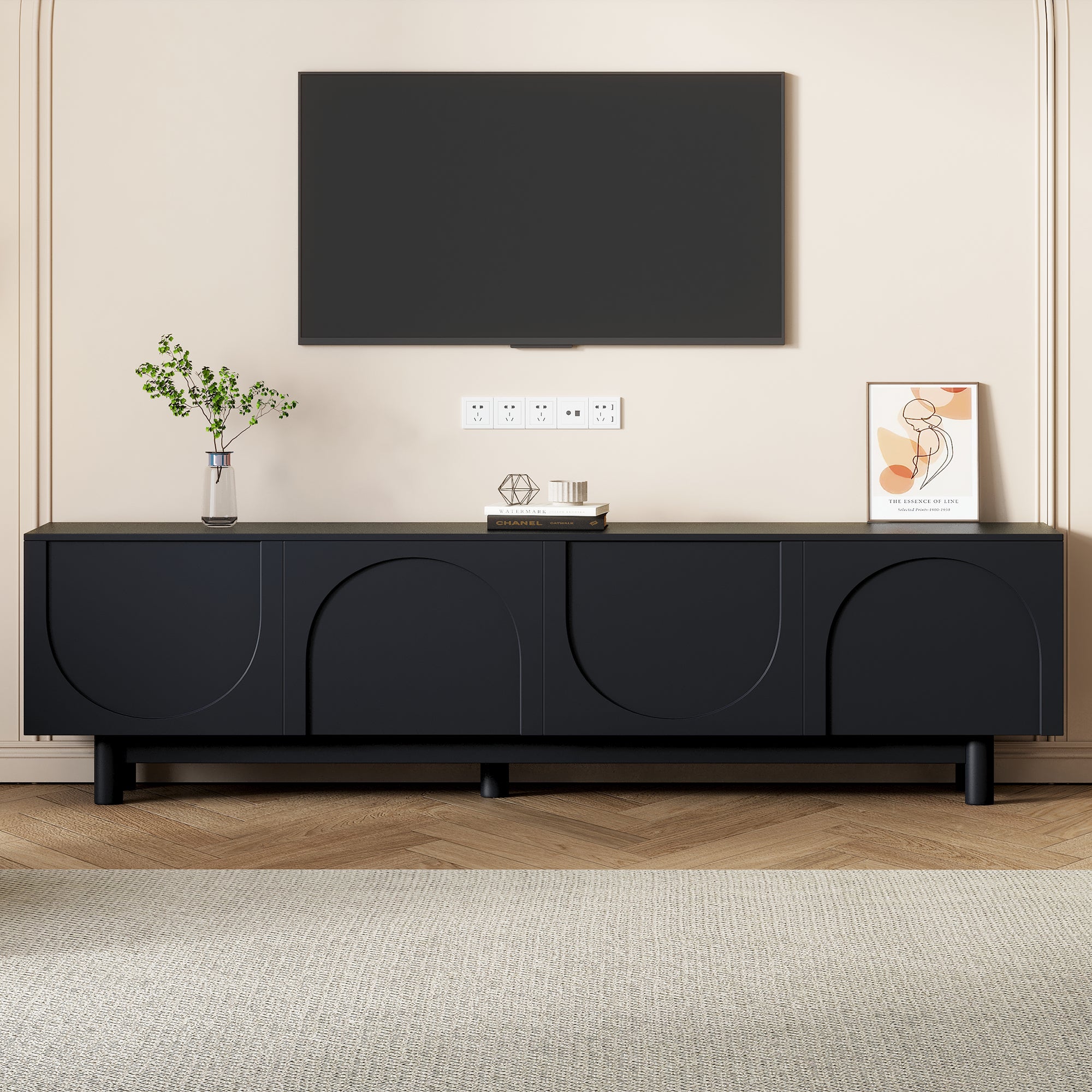 ON-TREND Graceful TV Stand With Arch Cabinets For TVs Up To 78'', Minimalist Entertainment Center With Solid Wood Legs, Practical Media Console With Adjustable Shelves For Living Room, Black