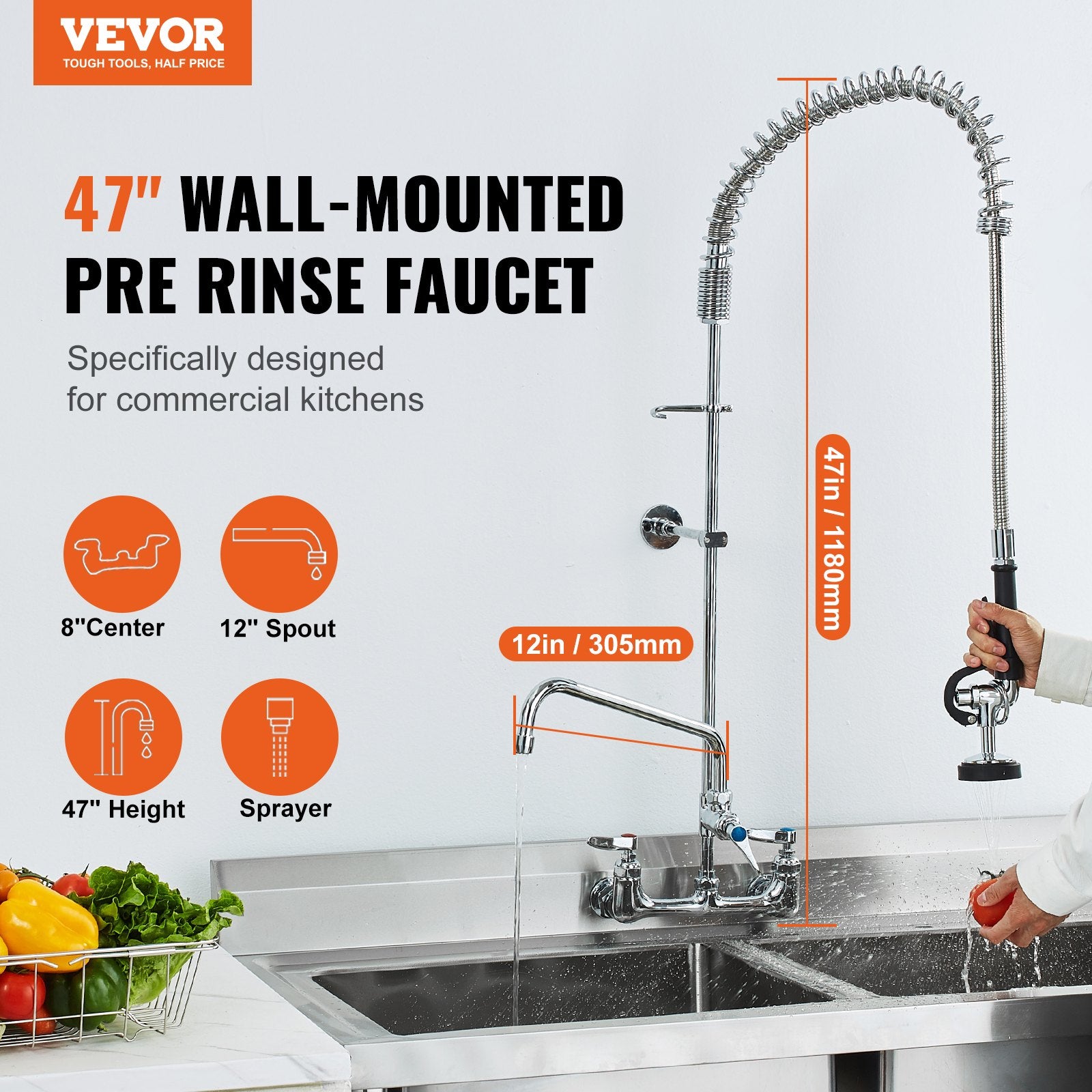 Commercial Faucet With Pre-Rinse Sprayer, 47' Height, 8' Center, 12' Swing Spout, Wall Mount Kitchen Sink Faucet, Brass Constructed Device With Pull Down Spray, For 1/2/3 Compartment Sink