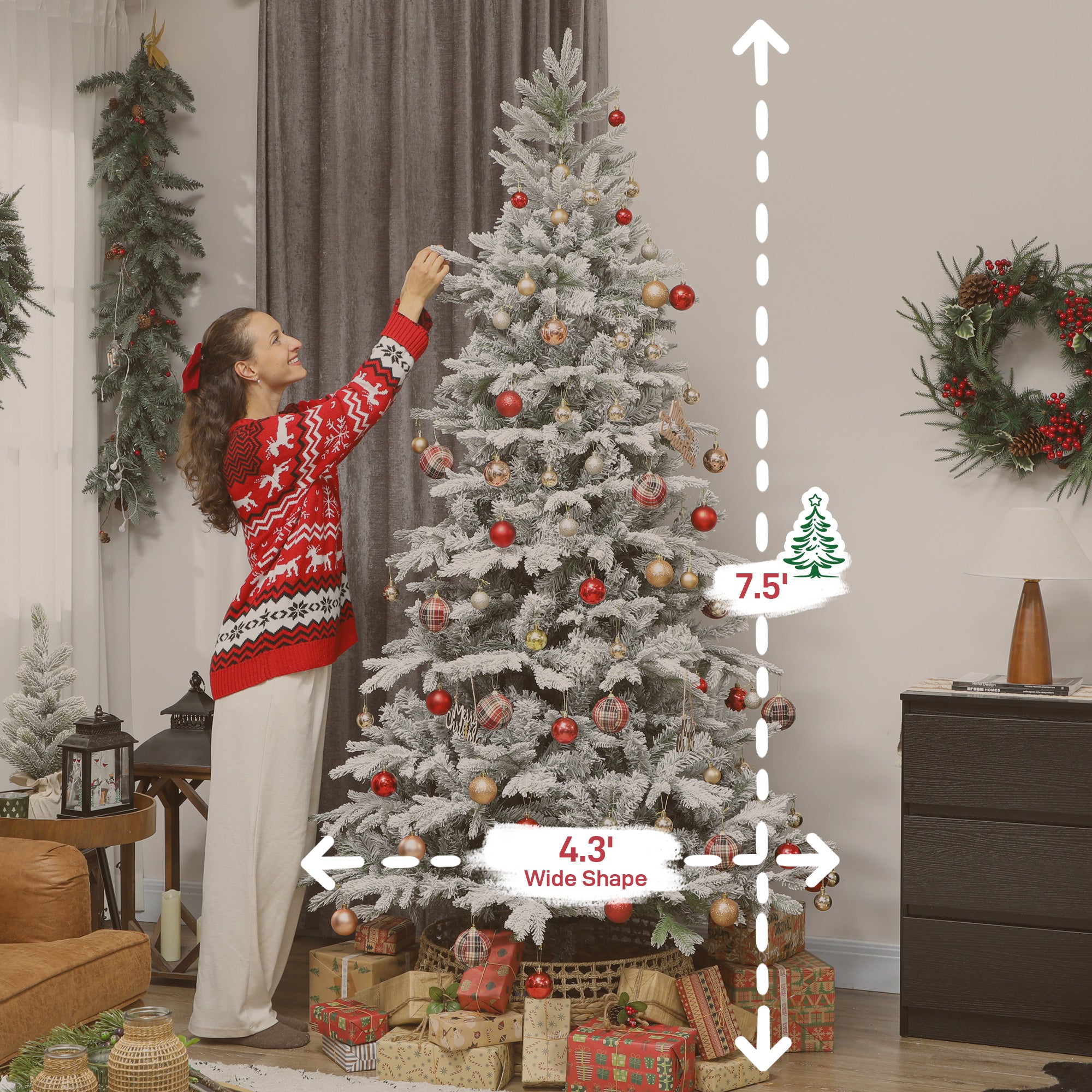 7.5 ft Artificial Frosted Christmas Tree with Realistic Branches, Wide Full Spruce, Hinged Xmas Tree, Easy Assembly
