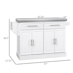 Rolling Kitchen Island Cart with Wheels, Portable Island Table for Kitchen with Stainless Steel Top, Adjustable Shelves, 2 Drawers, Spice, Knife and Towel Rack, White