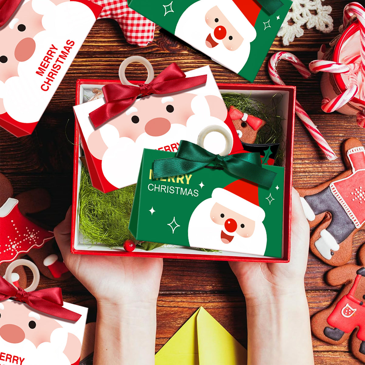 10 Pack Christmas Candy Boxes With Ribbon And Wooden Ring Merry Cartoon Paper Treat Boxes Christmas Santa Claus Pattern Cookie Goodies Box For Christmas Birthday Wedding Gift Wrapping Holiday Party Su
