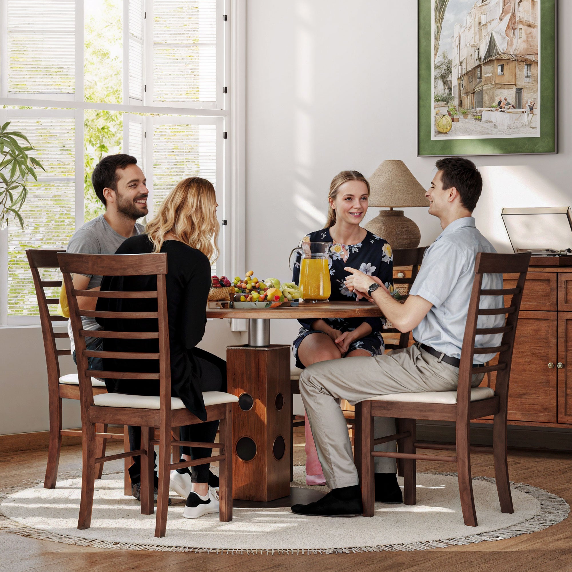 Wooden Dining Chairs Set of 4, Farmhouse Upholstered Kitchen Chairs with Rubber Wood Frame, Dark Brown and Beige