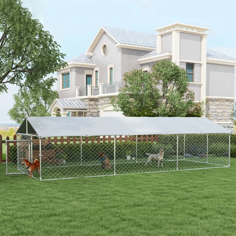 Outdoor Dog Kennel For Large-Sized Dogs With Waterproof UV Resistant Roof, Silver