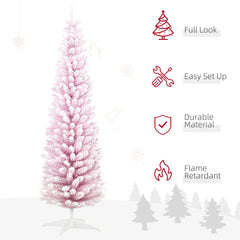 7' Decorated Christmas Tree Snow Flocked Artificial Christmas Tree with Pencil Shape, Realistic Branches, Pink