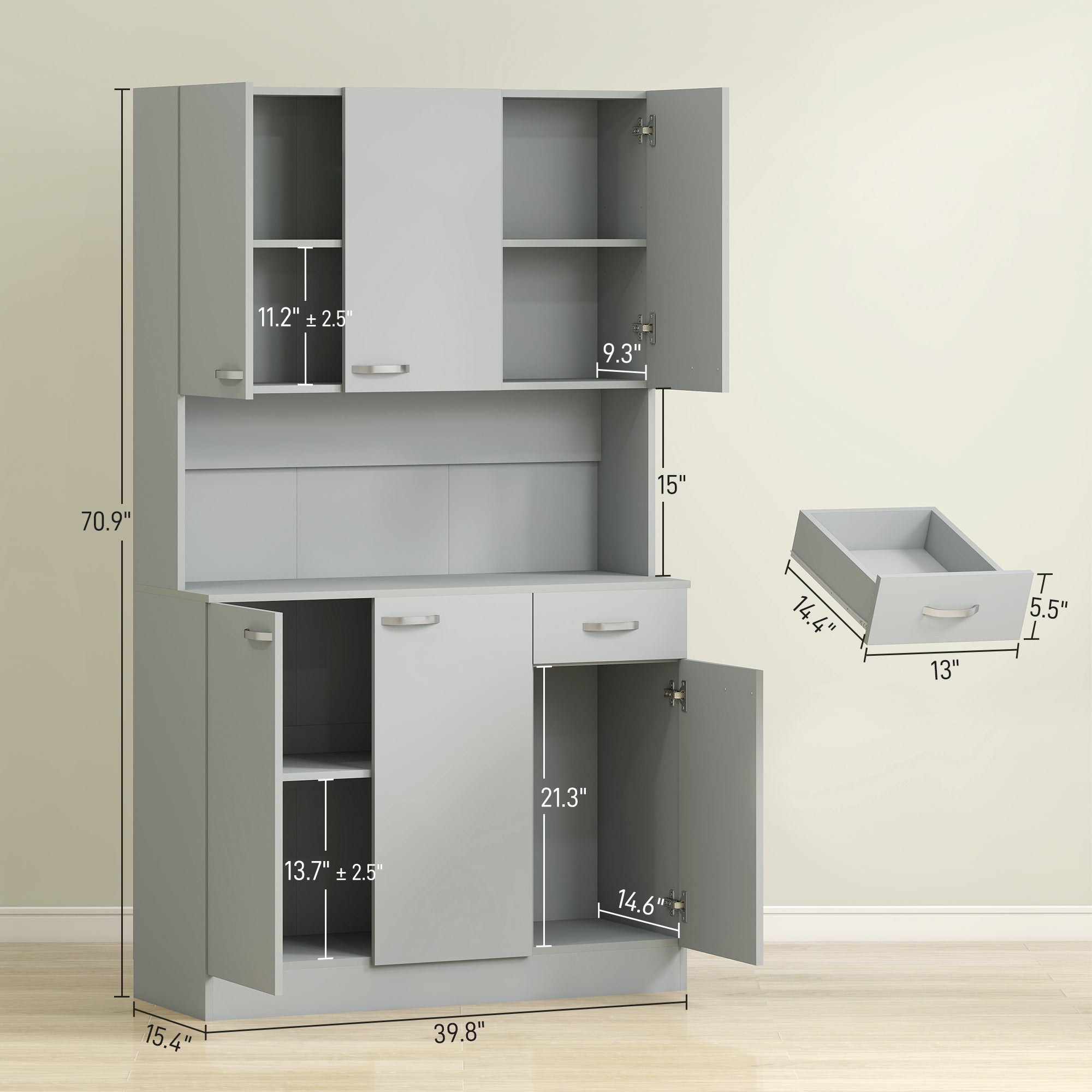 71" Kitchen Pantry Cabinet, Tall Storage Cabinet with Microwave Stand, Modern Kitchen Hutch with Countertop, 6 Doors, Storage Drawer, 3 Adjustable Shelves for Living Room, Dining Room, Gray