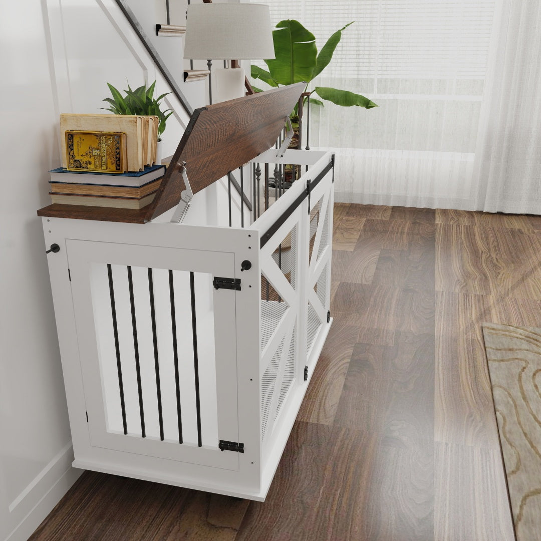47.2 Mobile Dog Crate With Flip-Top Feeding Door, Dual-Access & 5 Caster System 2 Locking, Side Hooks - Multi-Functional Pet Kennel,double Dog Crate Furniture