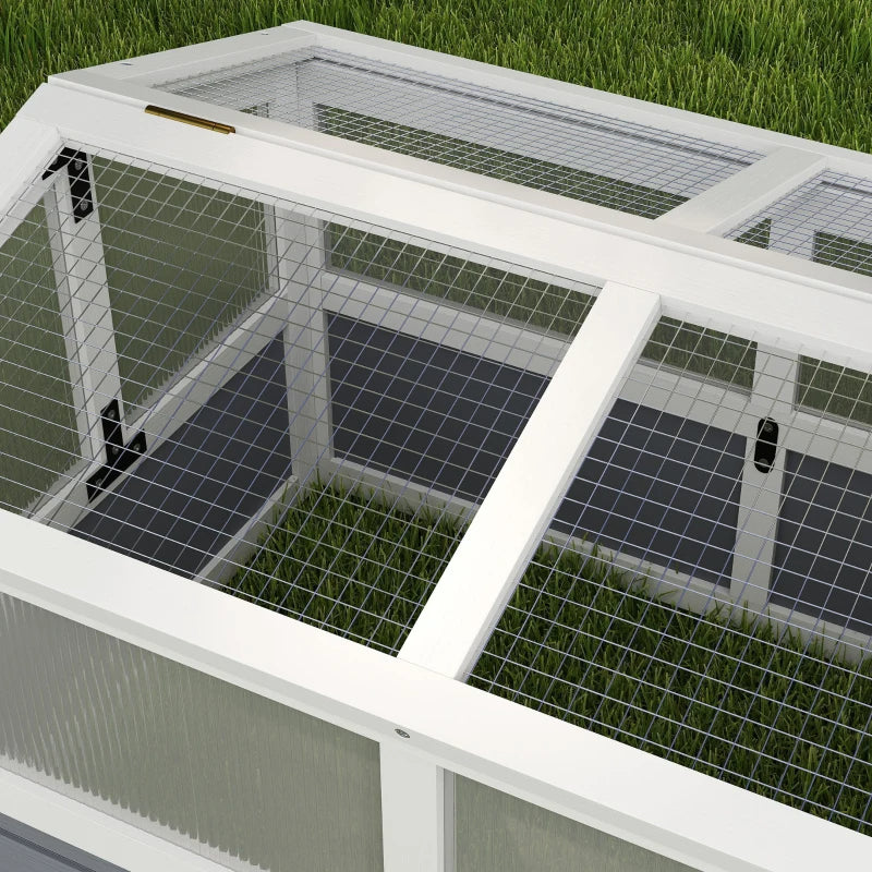 PawHut Wooden Tortoise Habitat Outdoor W Bottomless Design, Doors, PC Sun Panel Windows, For Small Animals, Rabbit, Light Gray