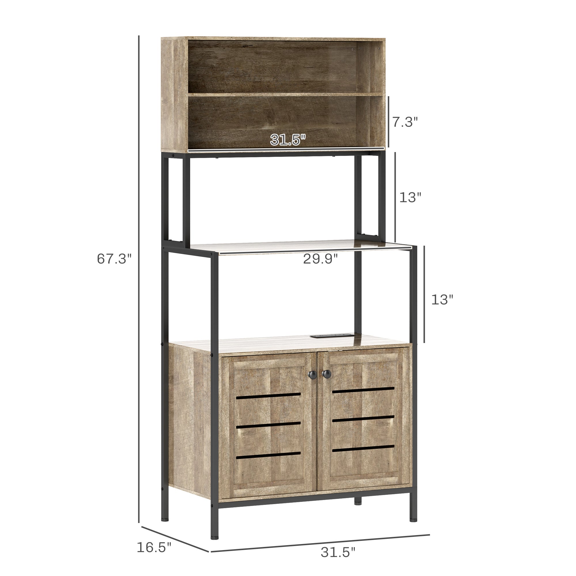 Baker's Rack with Power Outlet and Storage Shelves, Microwave Stand with Louvred Door Cabinets, Gray Wood Grain
