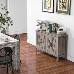 Sideboard Buffet with 4 Barn Doors and 2 Adjustable Shelves, Kitchen Buffet Cabinet for Living Room, Hallway, Gray