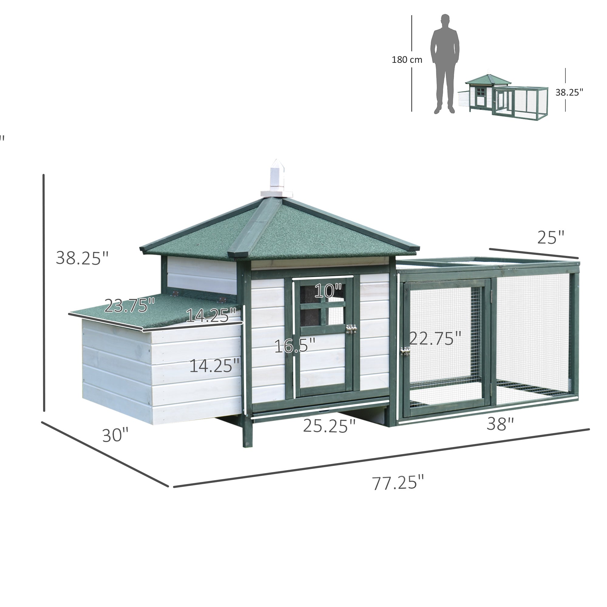 77" Wooden Chicken Coop Hen House Poultry Cage with Weatherproof Roof, Nesting Box, Enclosed Run and Removable Tray for Outdoor Backyard, Green
