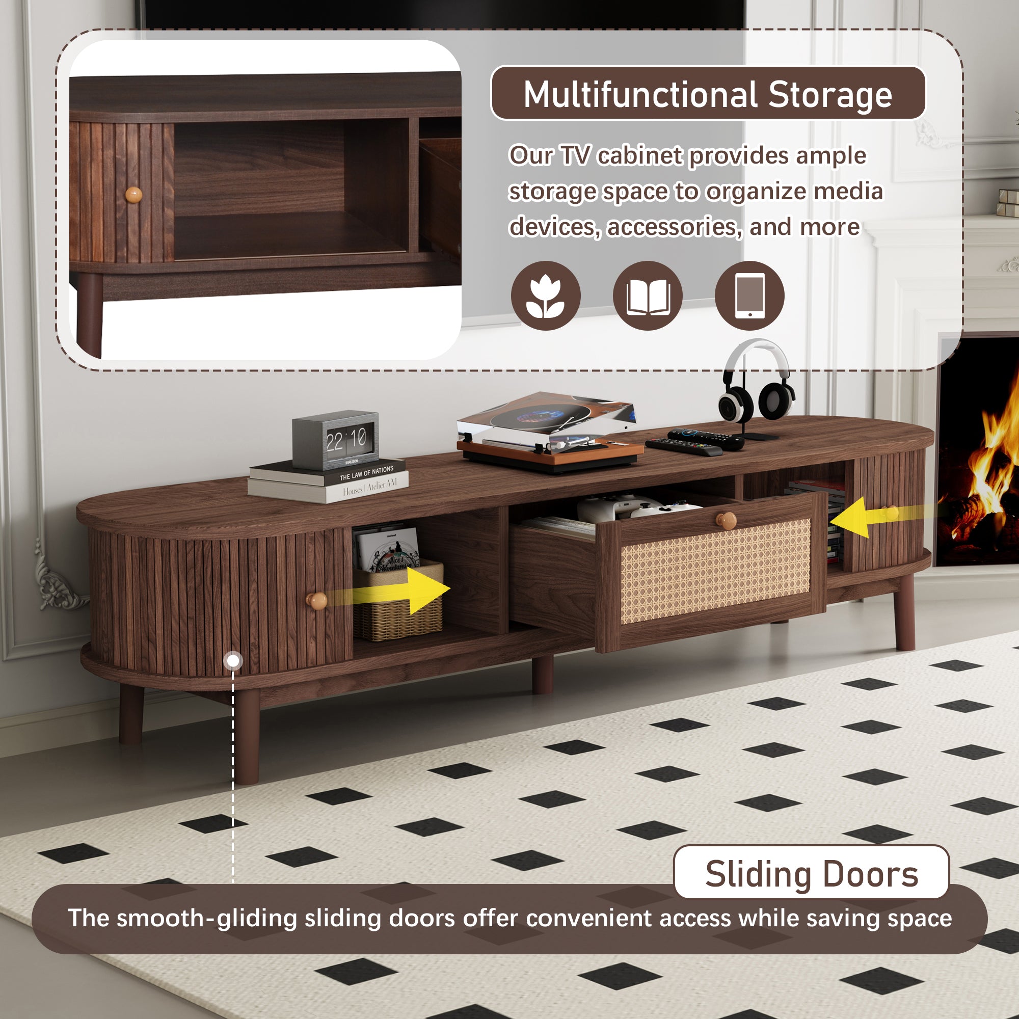 Modern Design TV Stand For 75 TVs, Media Console TV Cabinet With Rattan-Front Drawer For Living Room, 1 Drawer And 2 Sliding-Door Cabinets