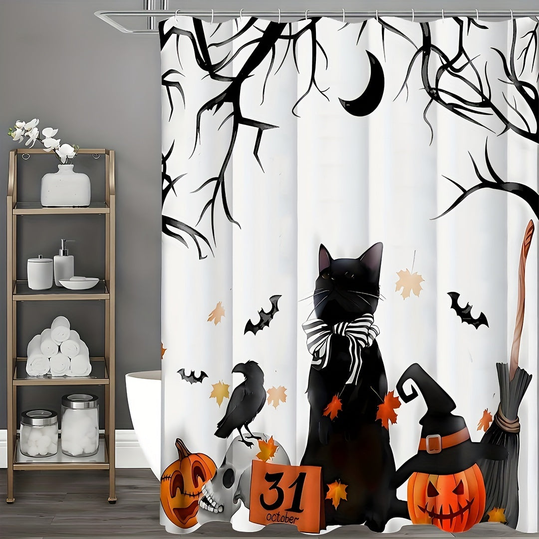 Spooky Halloween Shower Curtain Set - Vibrant Printed Design,12 Hooks - 1Pcs, Pumpkin Lantern, Black Cat, Crow Skull, Broom, Bat, Dead Branch Design