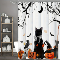 Spooky Halloween Shower Curtain Set - Vibrant Printed Design,12 Hooks - 1Pcs, Pumpkin Lantern, Black Cat, Crow Skull, Broom, Bat, Dead Branch Design