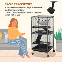 Metal Small Animal Cage Rolling Big Ferret Cage, Chinchilla Cage, Sugar Glider Cage, With Hammock & 4 Tiers, Removable Tray, Gray