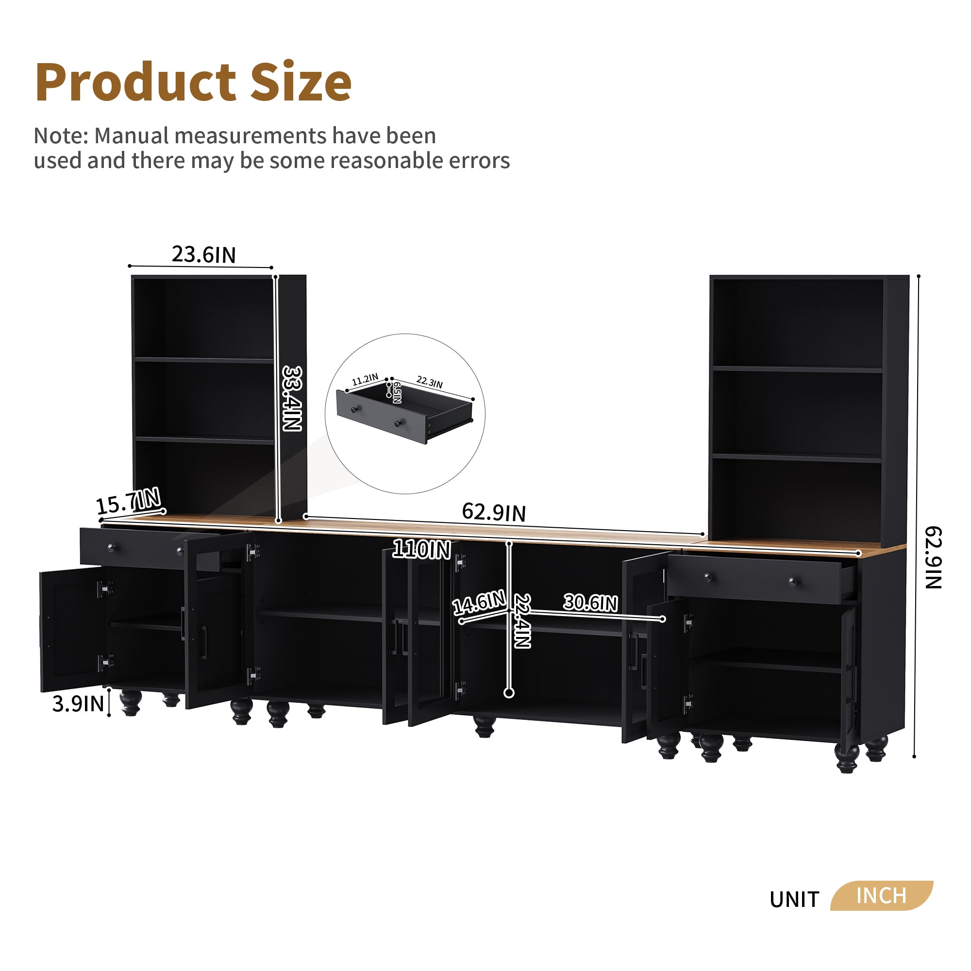 ON-TREND Farmhouse TV Stand With Solid Wood Gourd-Shaped Legs For TVs Up To 70, Entertainment Center With Bookshelves & Tempered Glass Doors, Media Console With Adjustable Shelves, Living Room, Black