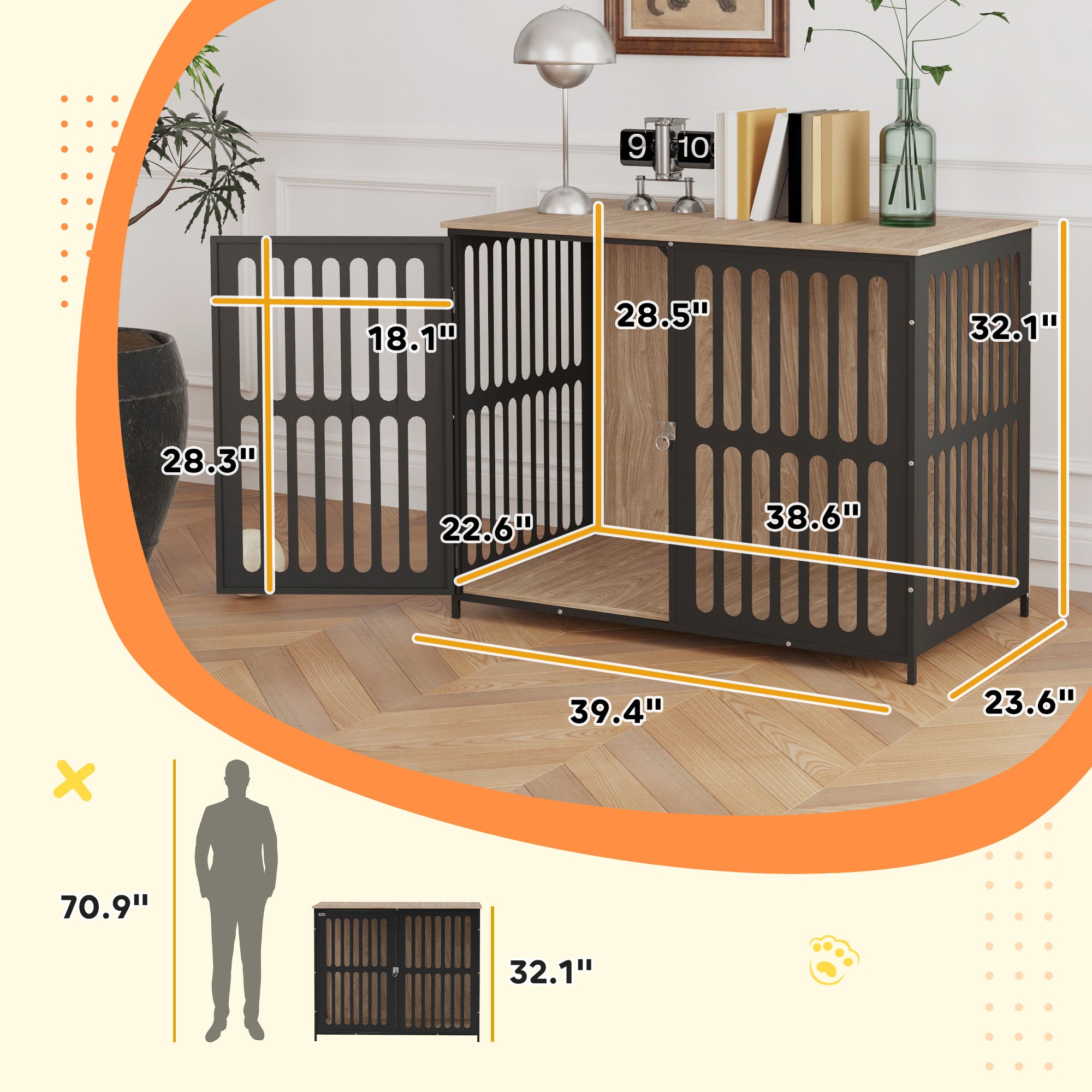 39 Dog Crate Furniture W Anti-Chew Resistant Mesh, Anti-Escape Single Door, For Large Dogs, Walnut Brown