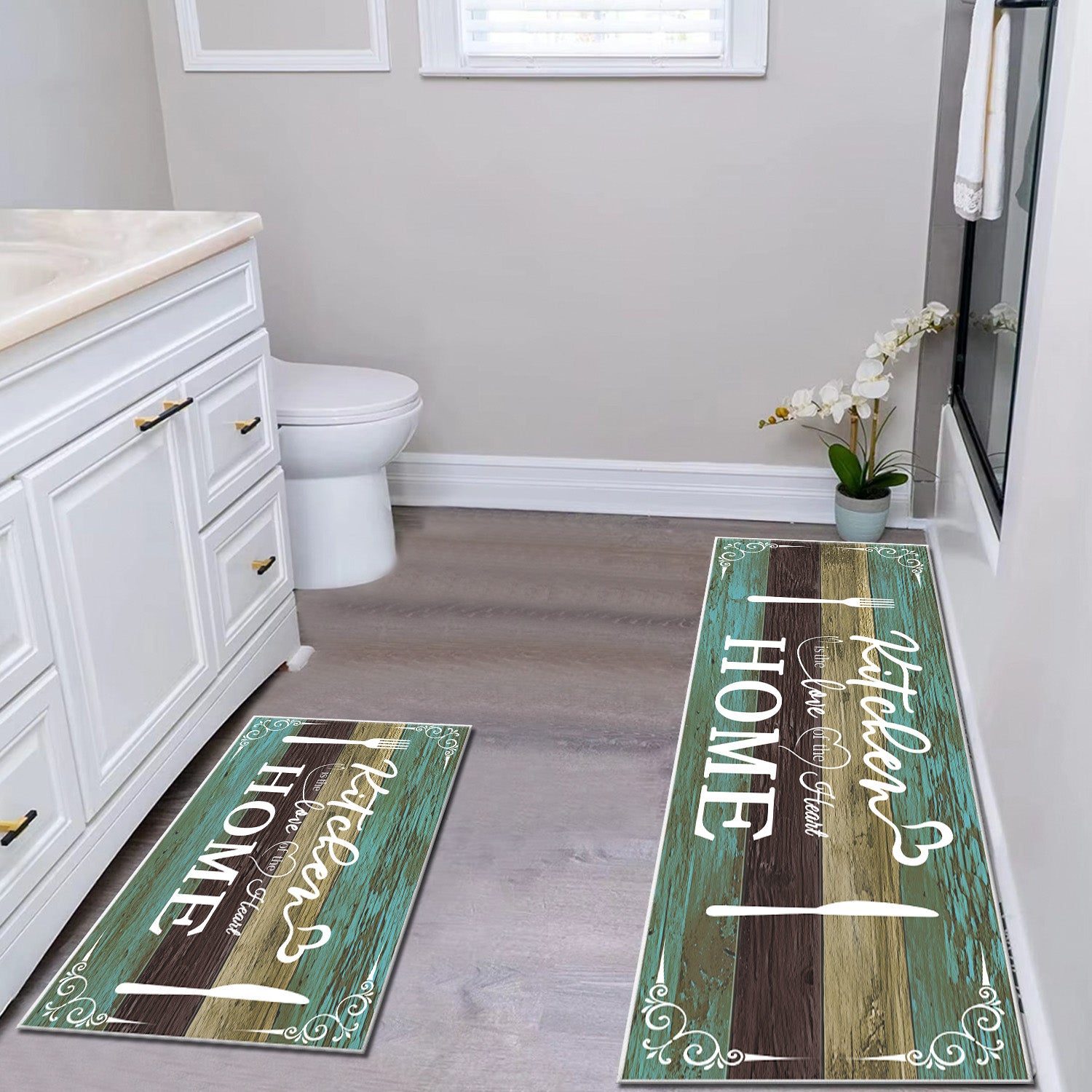 Boho Kitchen Rug Sets  2 Piece Washable Non-Slip Mats Teal 20x32 20x48 In