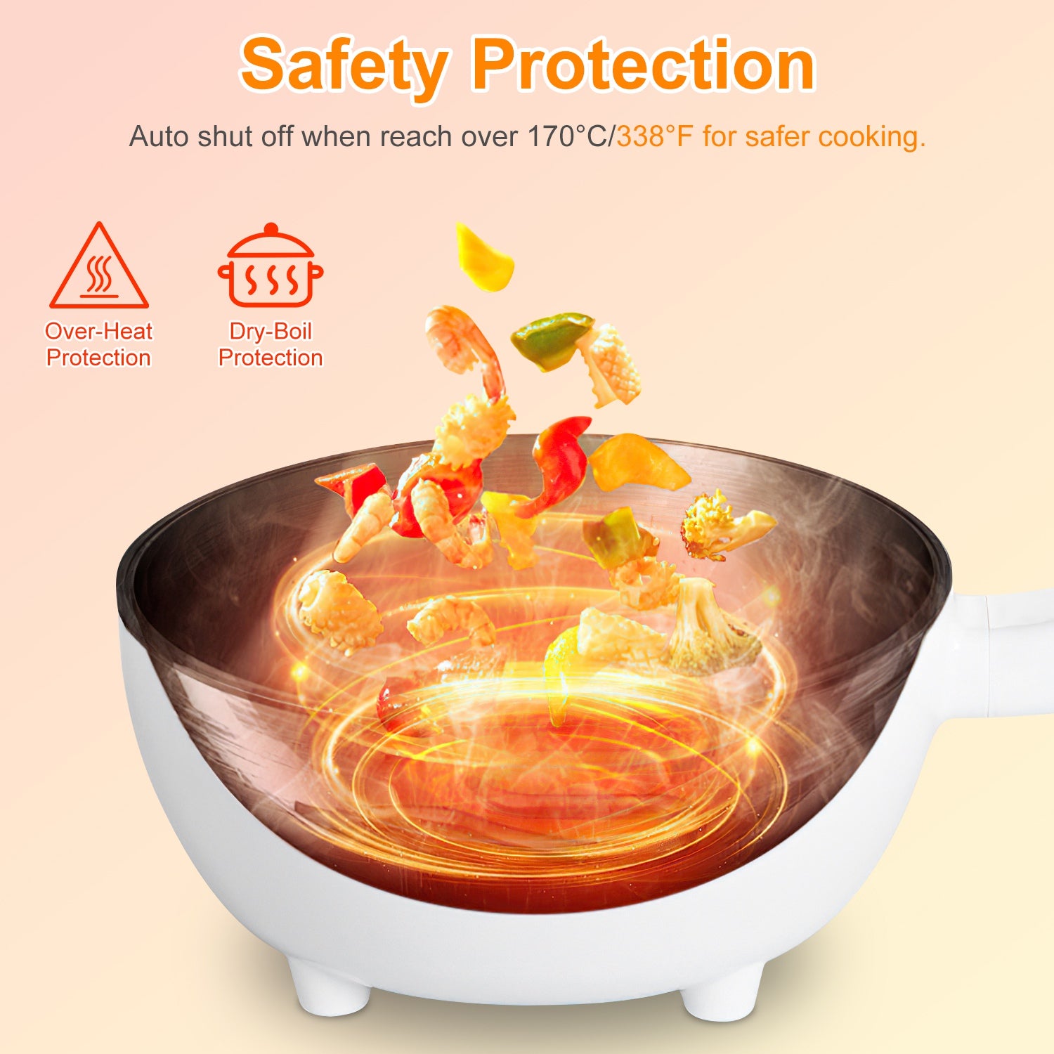 Electric Hot Pot Non-Stick Frying Pan Portable Rapid Noodles Cooker With Long Handle Steamer Spatula Dual Power Control Overheat Dry-Boil Protection For College Dorm Room Essential For Food Prepare