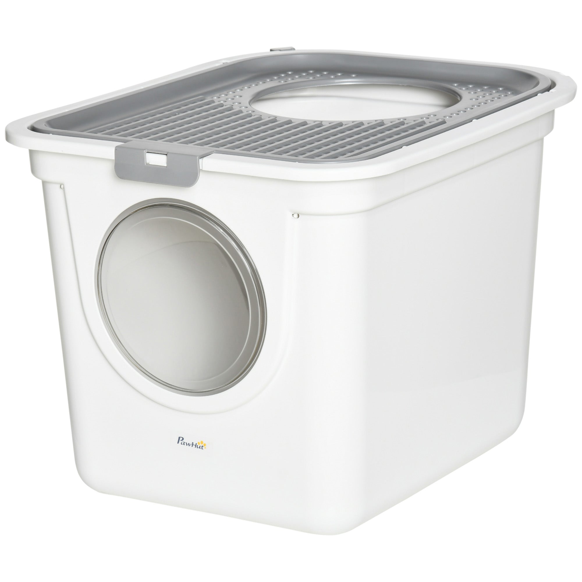Covered Cat Litter Box, Easy Cleaning Kitty Litter Box with Front Entrance, Top Exit, Scoop, for Odor Control, White
