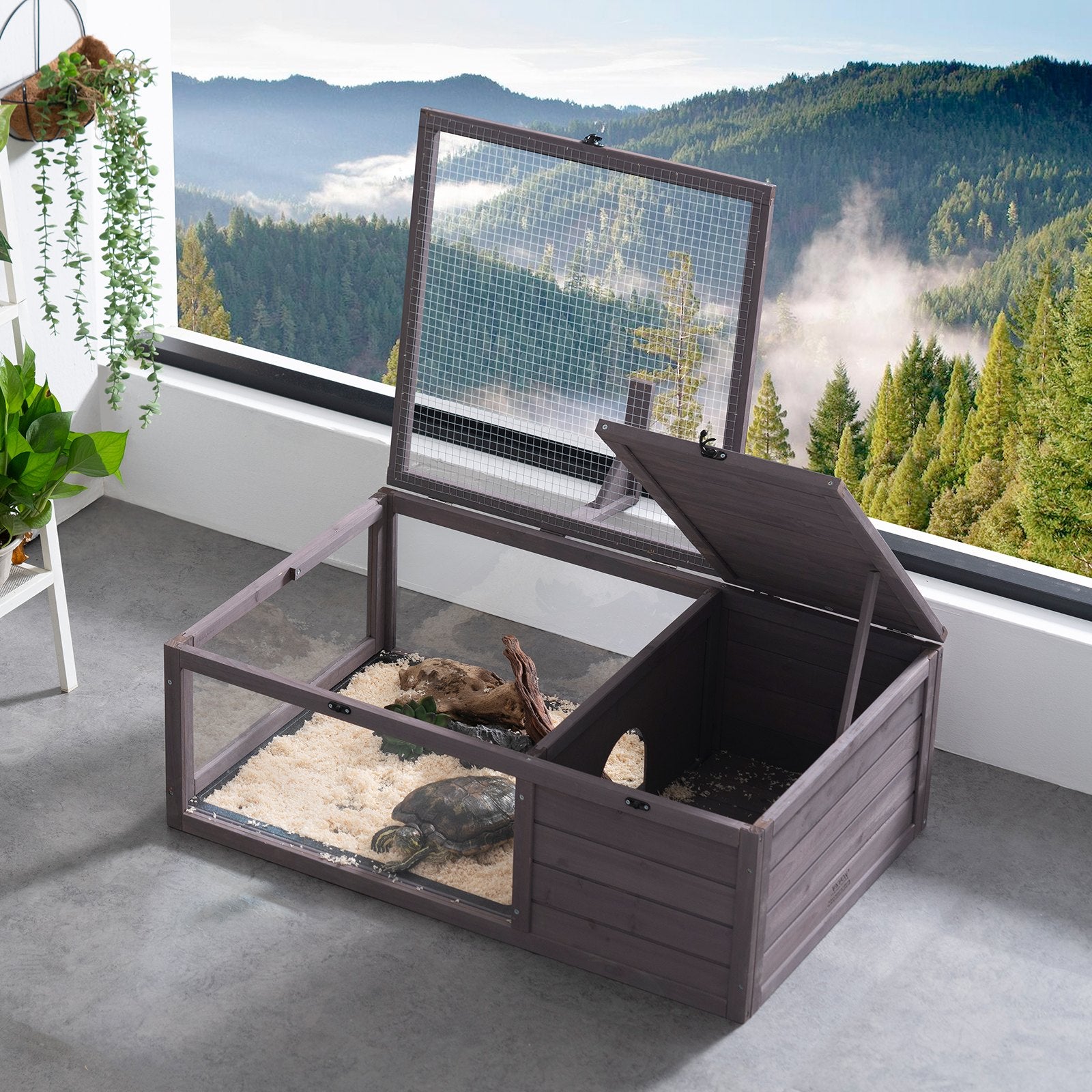 Tortoise Habitat Wooden Tortoise House Indoor & Outdoor 2-Room 38x24x13in