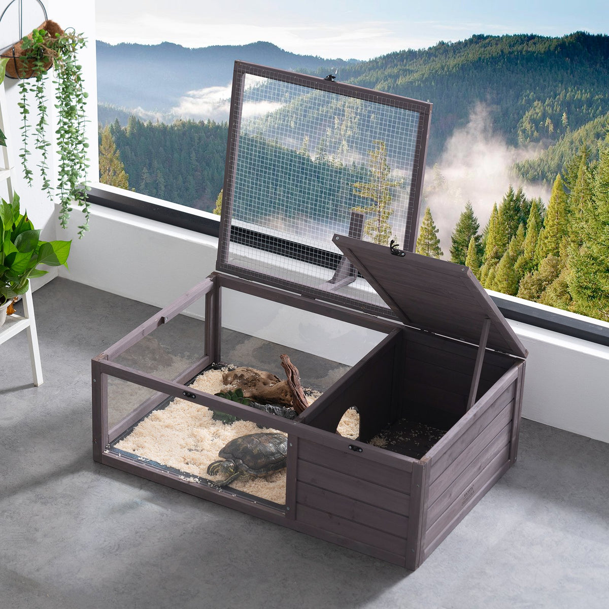 Tortoise Habitat Wooden Tortoise House Indoor & Outdoor 2-Room 38x24x13in