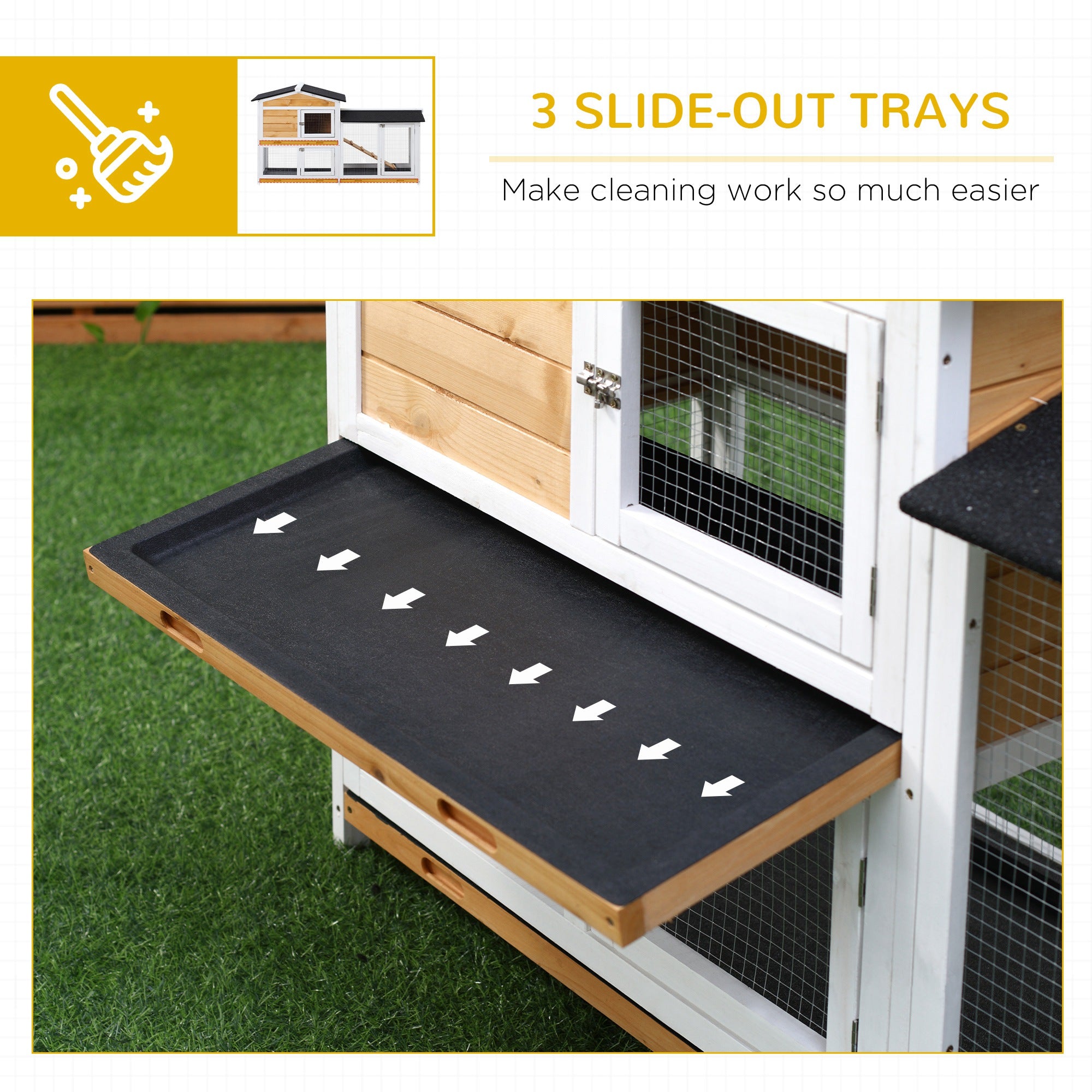 62" Rabbit Hutch, Wooden Bunny Hutch, Guinea Pig Cage, Small Animal Enclosure with Run Area, Removable Tray, Asphalt Roof, Lockable Doors and Ramp, for Rabbits, Chickens, Ducks, Nature Wood
