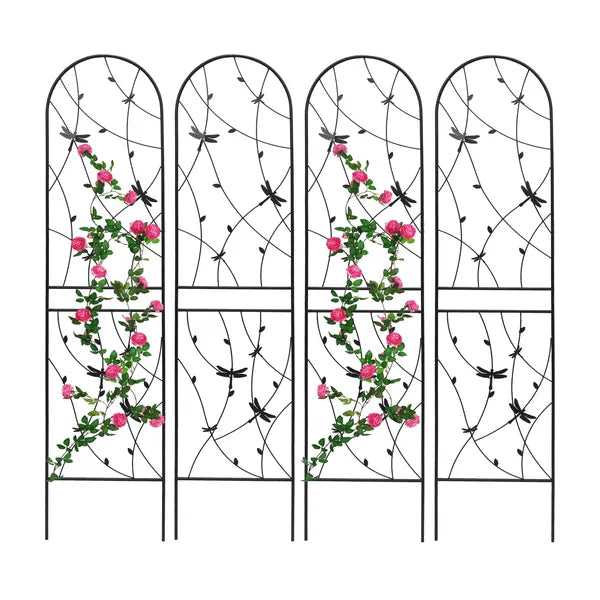 4 Pack Metal Garden Trellis 86.7" X 19.7" Rustproof Trellis For Climbing Plants Outdoor Flower Support Dragonfly Deco Black