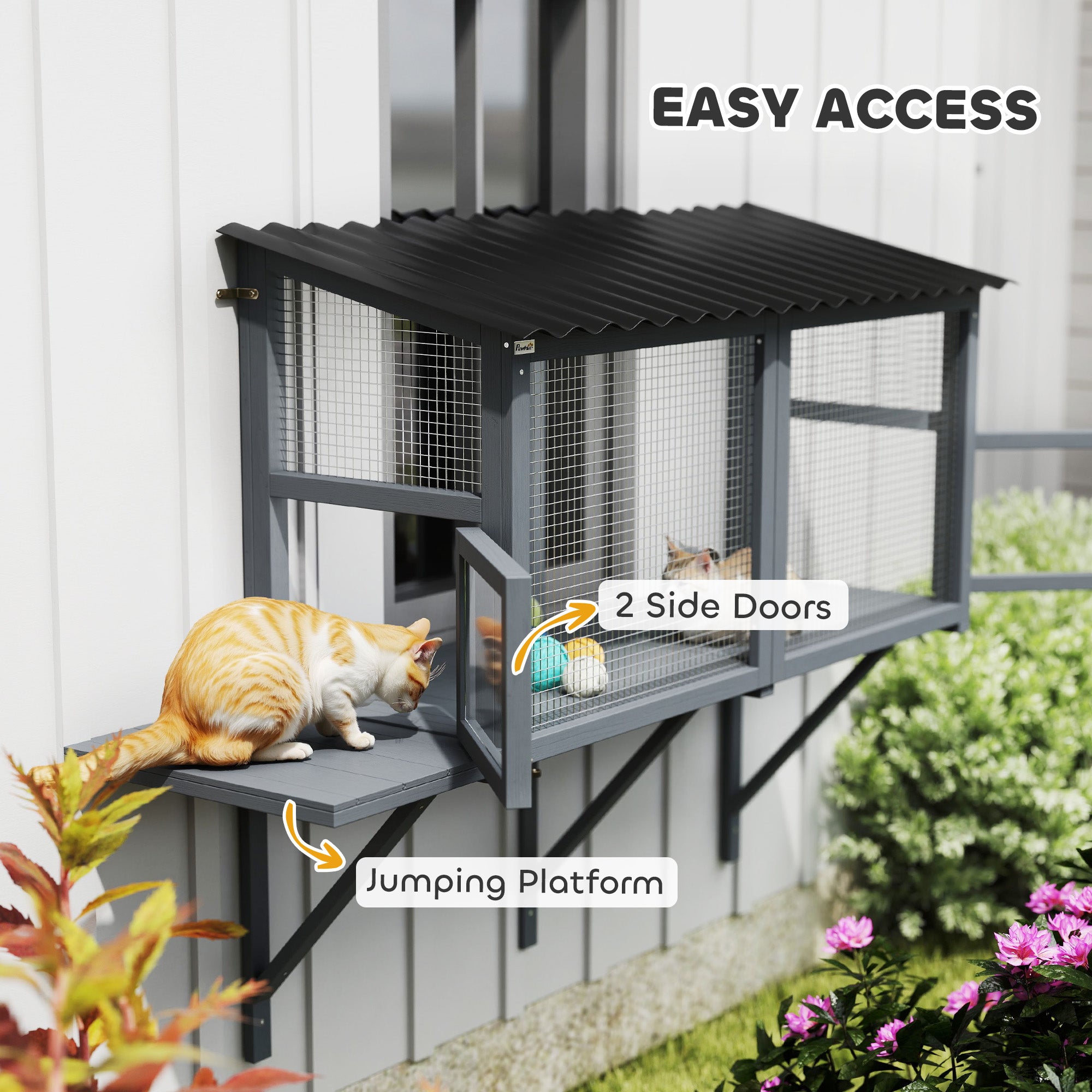 Wooden Cat Catio, Outdoor Cat Enclosure Window Perch with Jumping Platform, for Safely Enjoying Outdoor Sights, Gray