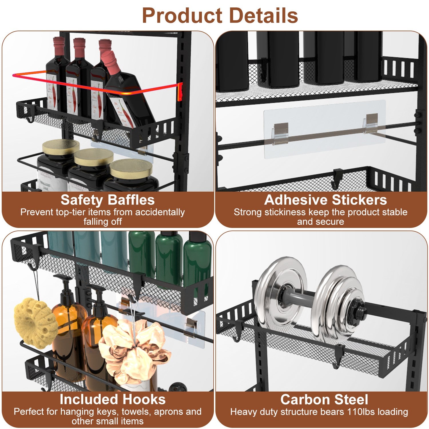 Black-White Options -- 1Pc Over The Door Pantry Organizer 6-Tier Pantry Door Organizer Carbon Steel 110LBS Loading Easy Install Behind Door Storage For Closet Kitchen Bathroom 50.19H 17.12W 5.51in D