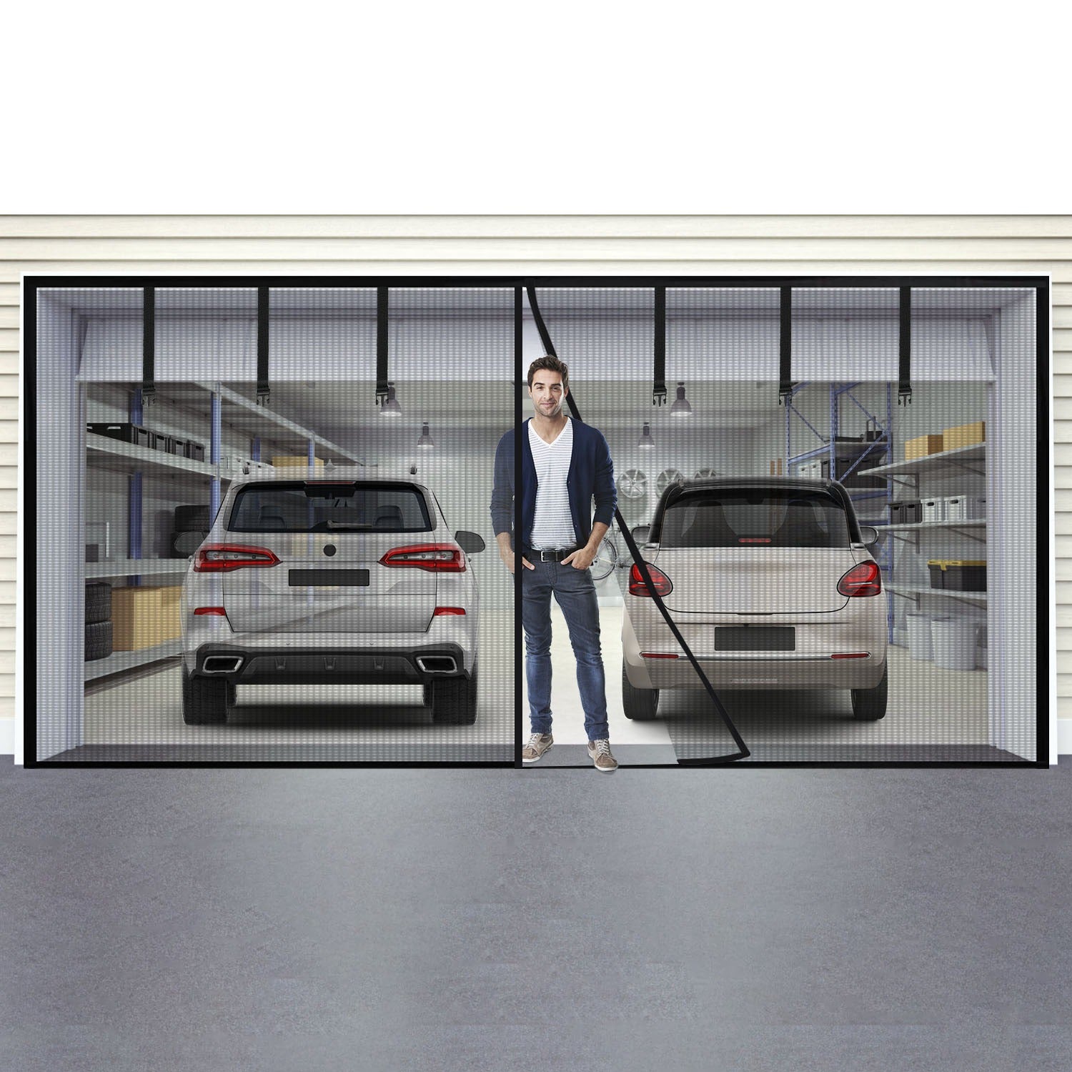 16x7FT Magnetic Garage Door Screen Two Car Garage Screen Mesh Fiberglass Garage Net With Magnetic Closure 6 Buckle Straps For Two Cars