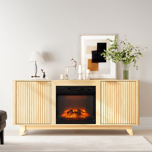 Oak Fireplace TV Stand With 18 Inch Insert, Double Grid Doors & Gold Handles, Embossed Board Media Console 58 X 13.6 X 25.4 Inch