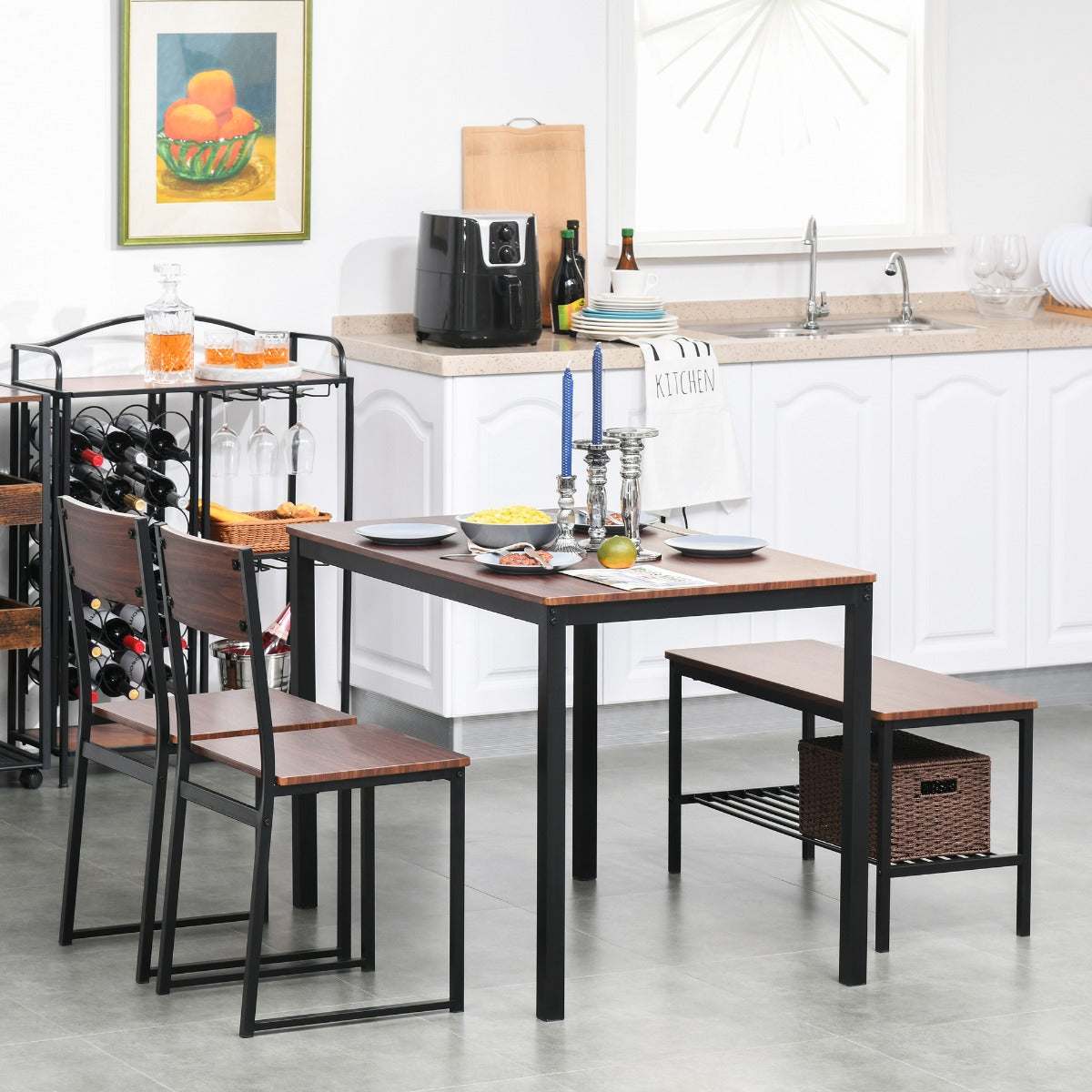 Industrial 4 Piece Dining Room Table Set with Bench Wooden Kitchen Table and Chairs w/ Storage Rack for Kitchen, Dinette, Rustic Brown/Black