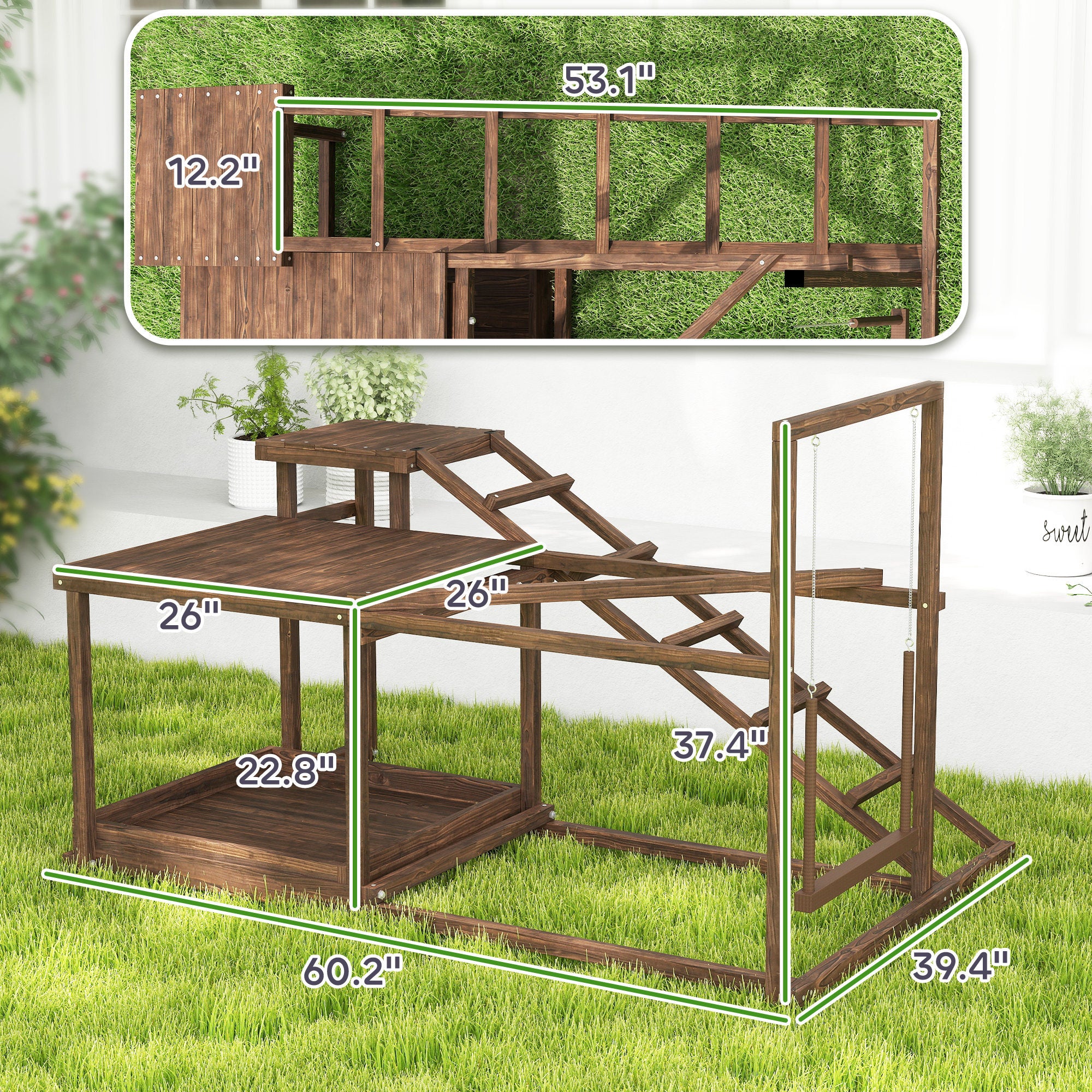 Wooden Chicken Activity Play Set with Perch, Swing, Ladder, Platforms, Feeder Storage, Coffee
