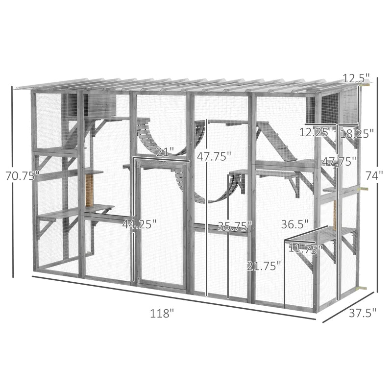 Playground Cat Window Box Outside Enclosure For Multiple Cats W Shelves & Bridges, Gray