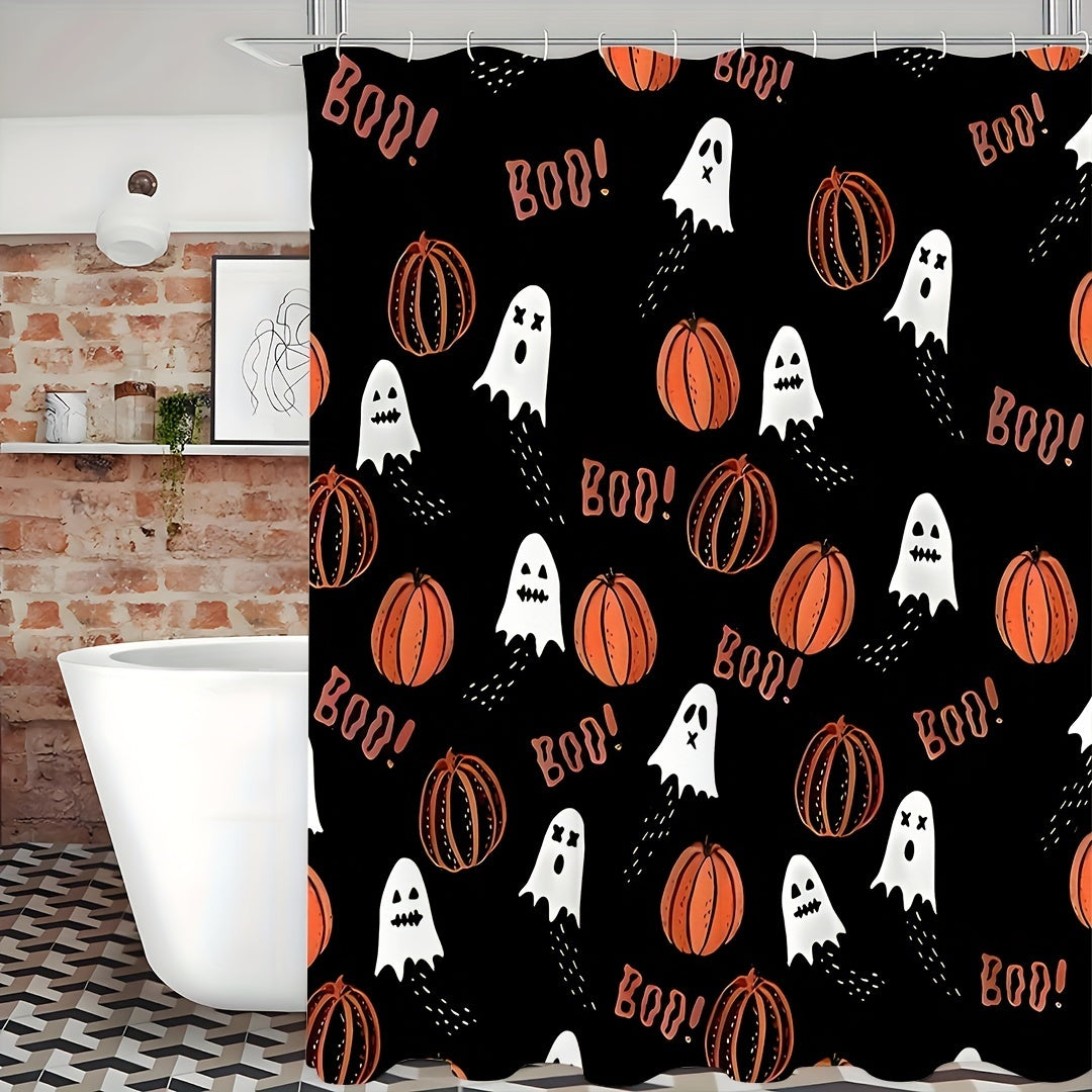 1PCS Halloween Cartoon Pumpkin Flower Print Shower Curtains Set, Waterproof Shower Curtain With Hooks, Bathroom Decor, Shower Curtain Sets For Bathrooms