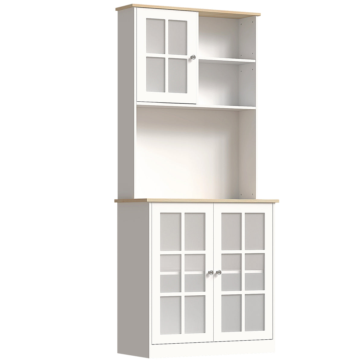 Kitchen Pantry Cabinet, 72" Freestanding Storage Cabinet with Hutch, Large Countertop, Glass Doors and Adjustable Shelves, Microwave Cabinet, Coffee Bar Cabinet for Dining Room, White