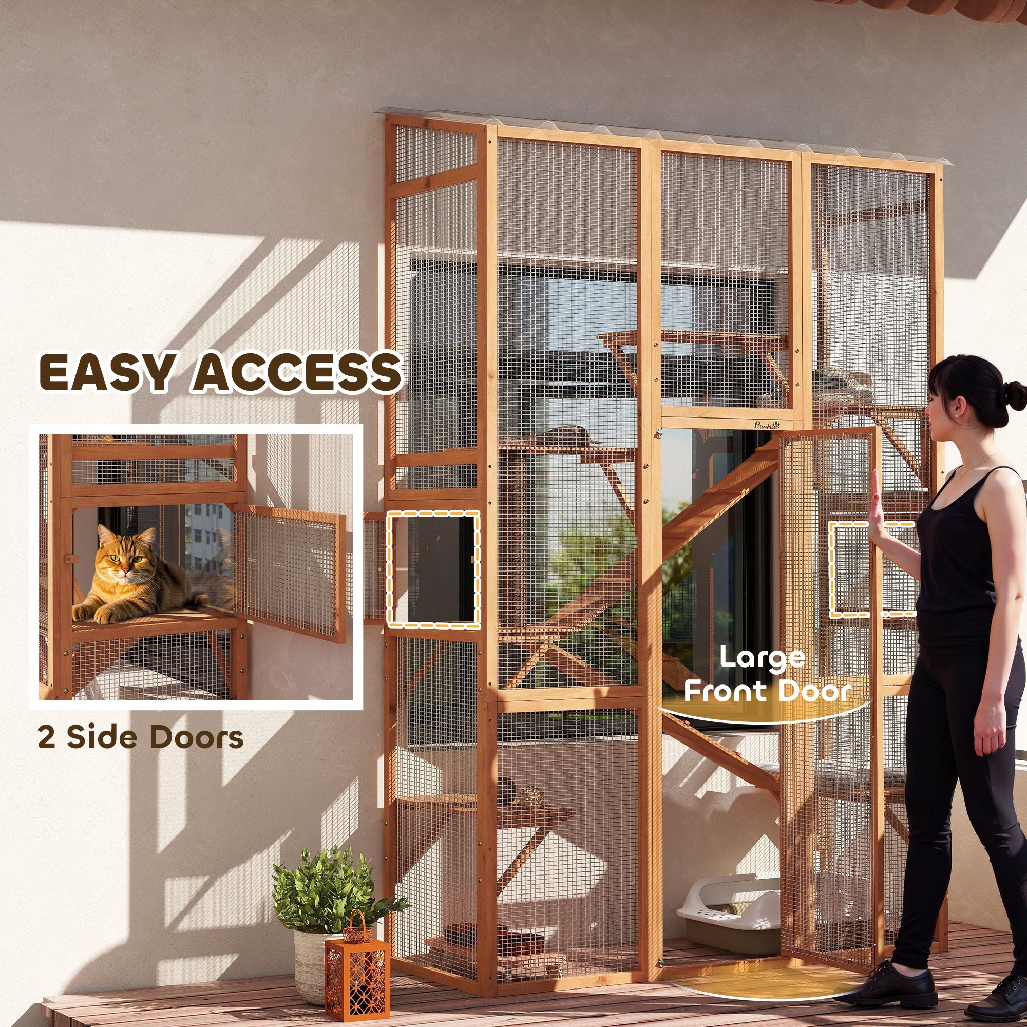 Outdoor Catio Cat Enclosure, Large Wooden Cat House with 6 Jumping Platforms, Scratching Post, 2 Ramps, for 2-3 Kittens