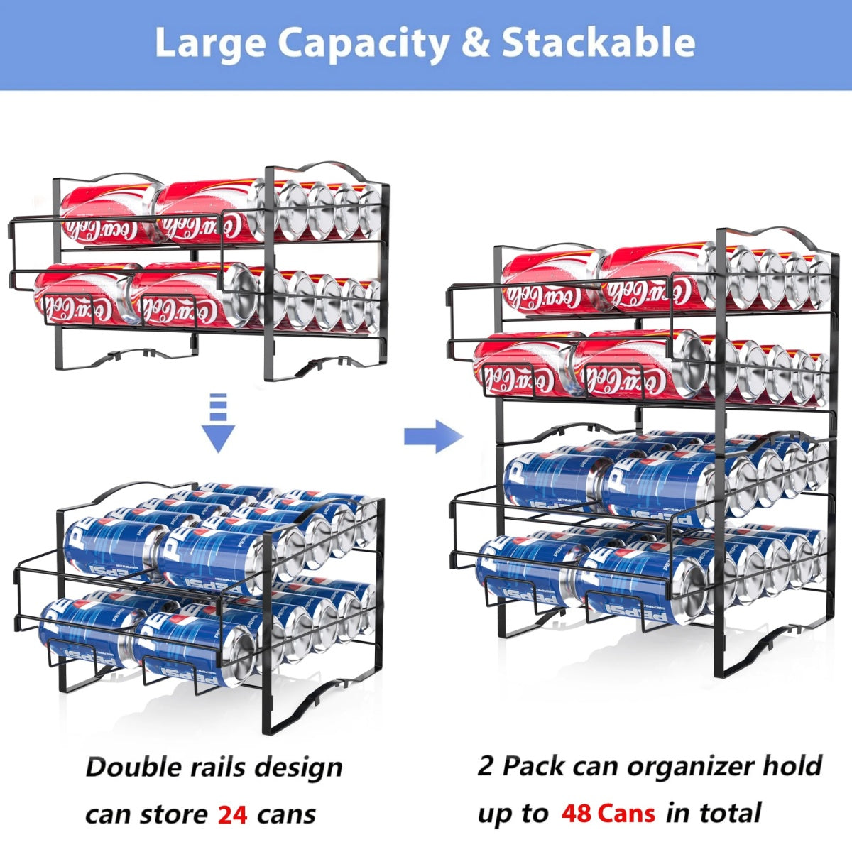 4-Tier Soda Can Organizer Rack - Set Of 2 Stackable Beverage Dispenser For Refrigerator - Holds 48 Cans
