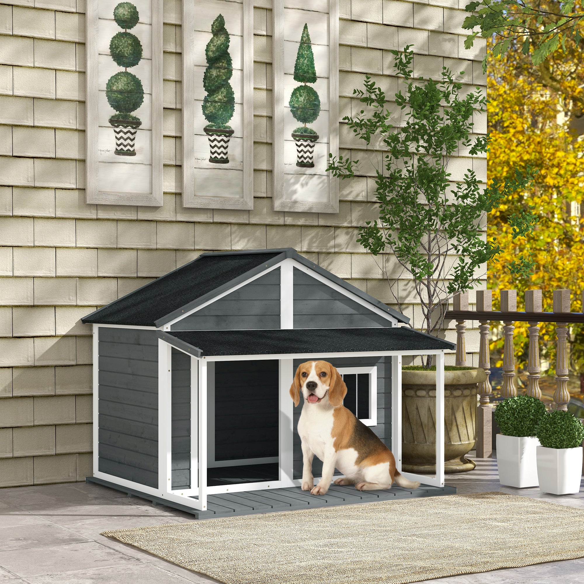 Outdoor Cabin Style Dog House, Medium Dogs, 53 lbs, Gray