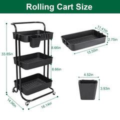 Black-White Color Options 1Pc 3 Tier Rolling Utility Cart Movable Storage Organizer With Mesh Baskets Lockable Wheels 360 Degree Rotatable Hanging Box Hooks Bedroom Bathroom Kitchen