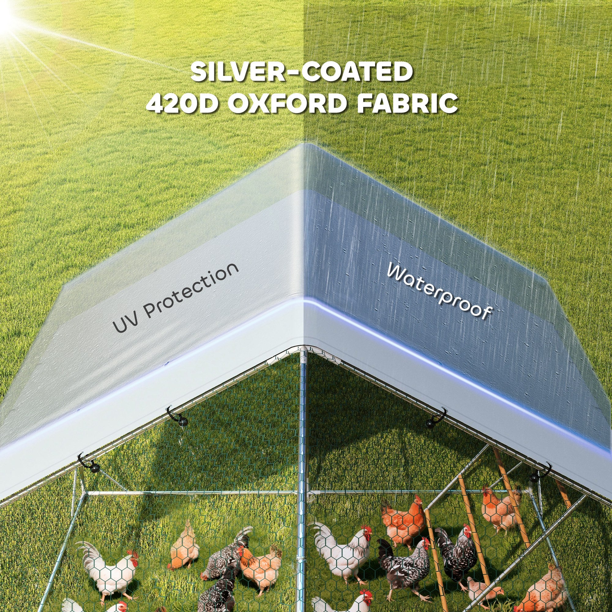 Metal Chicken Run w/ Waterproof & Anti-UV Cover, Feeding Door, Hanging Feeder, for 18-24 Chickens, 9.8' x 19.7' x 6.4'