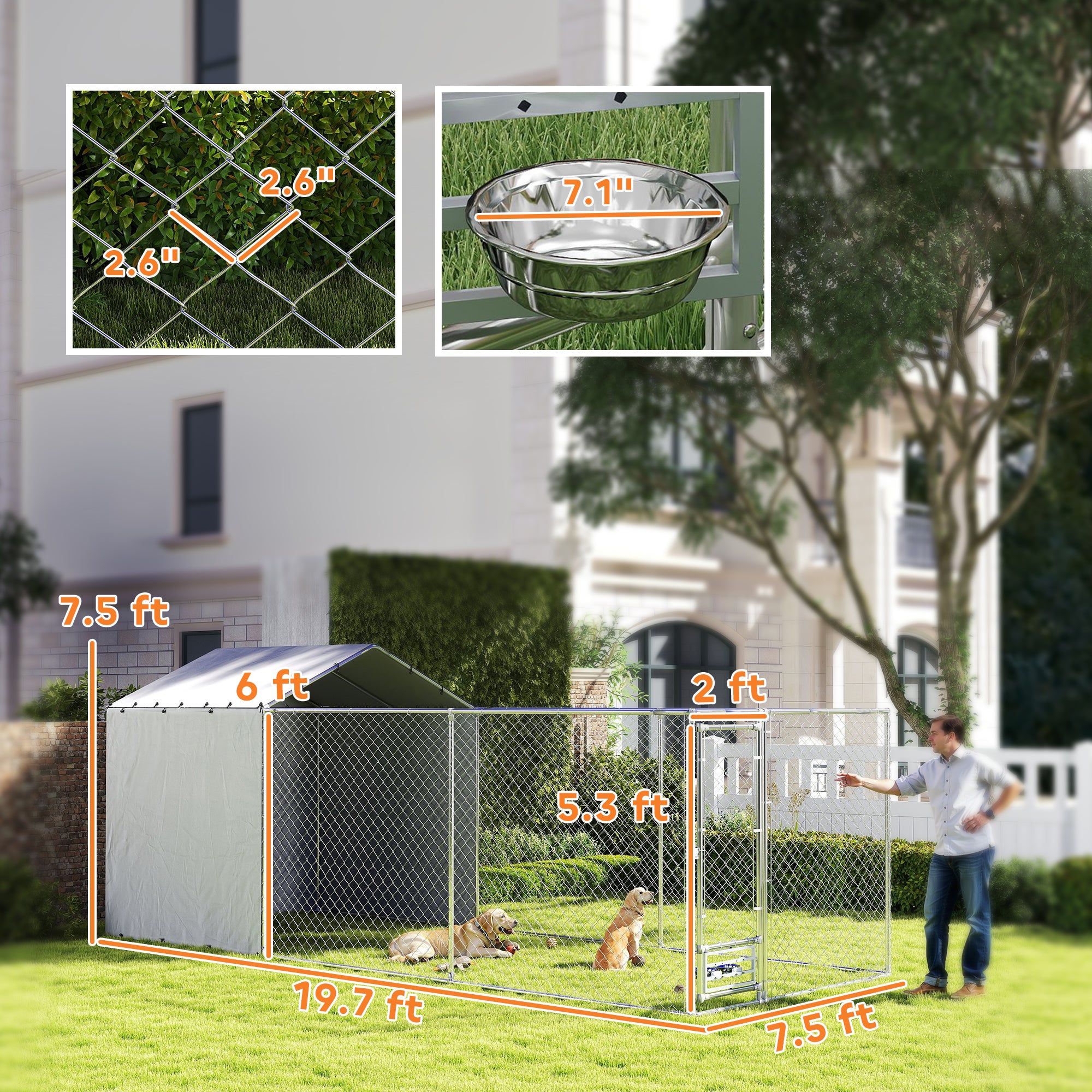 Galvanized Chain Link Large Outdoor Dog Kennel with Waterproof & UV-Resistant Cover, for M&L Dogs, 19.7' x 7.5' x 7.5'
