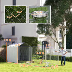 Galvanized Chain Link Large Outdoor Dog Kennel with Waterproof & UV-Resistant Cover, for M&L Dogs, 19.7' x 7.5' x 7.5'