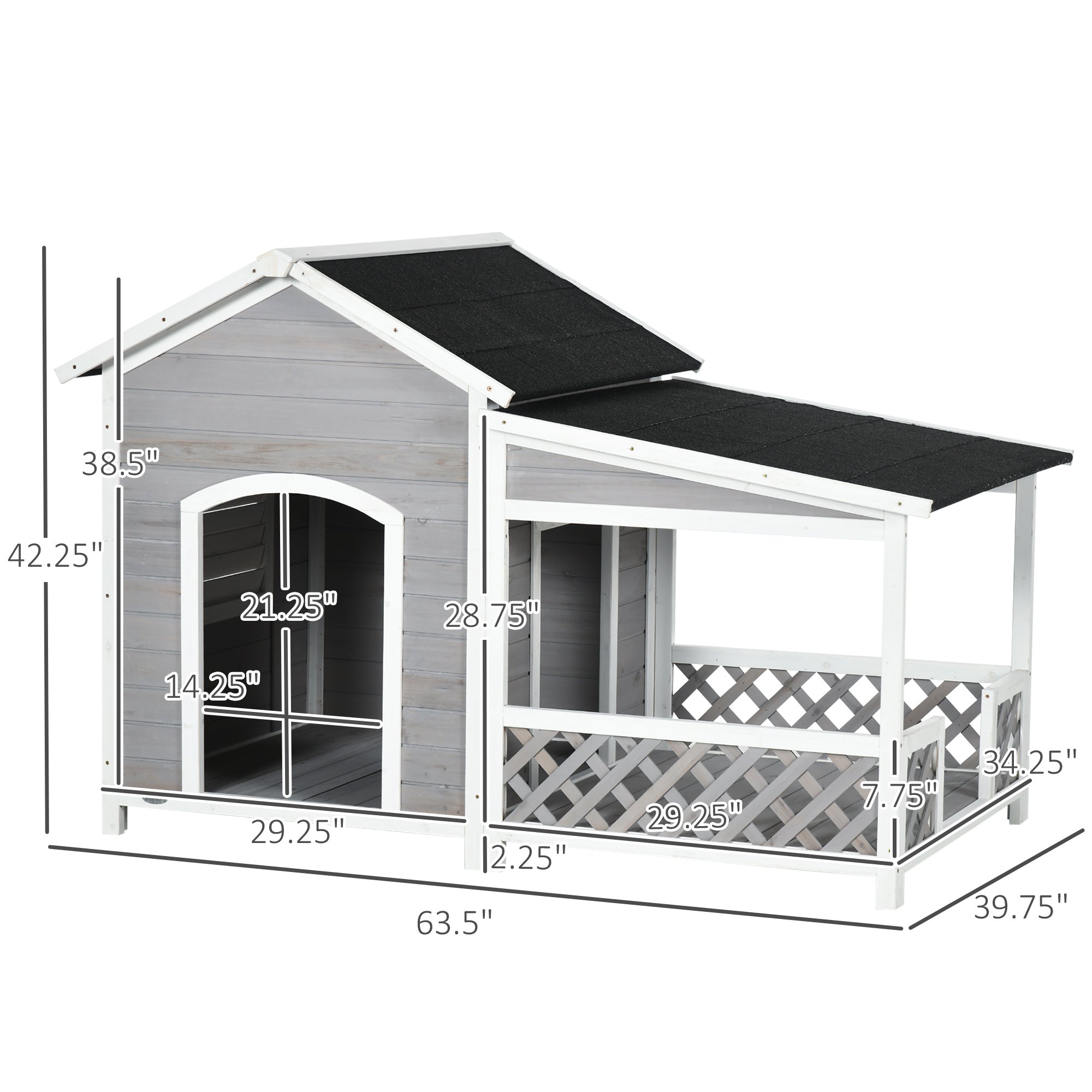 Wooden Dog House Outdoor with Porch, Cabin Style Raised Dog Shelter with Asphalt Roof, Doors, and Shutter Window, for Medium Large Sized Dog, Light Gray