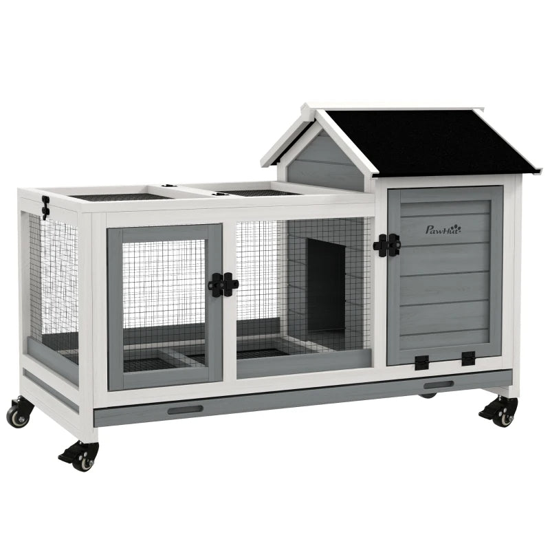 Wooden Rabbit Hutch With Wheels, Run, Slide-out Tray For Small Animals, Guinea Pig, Blue