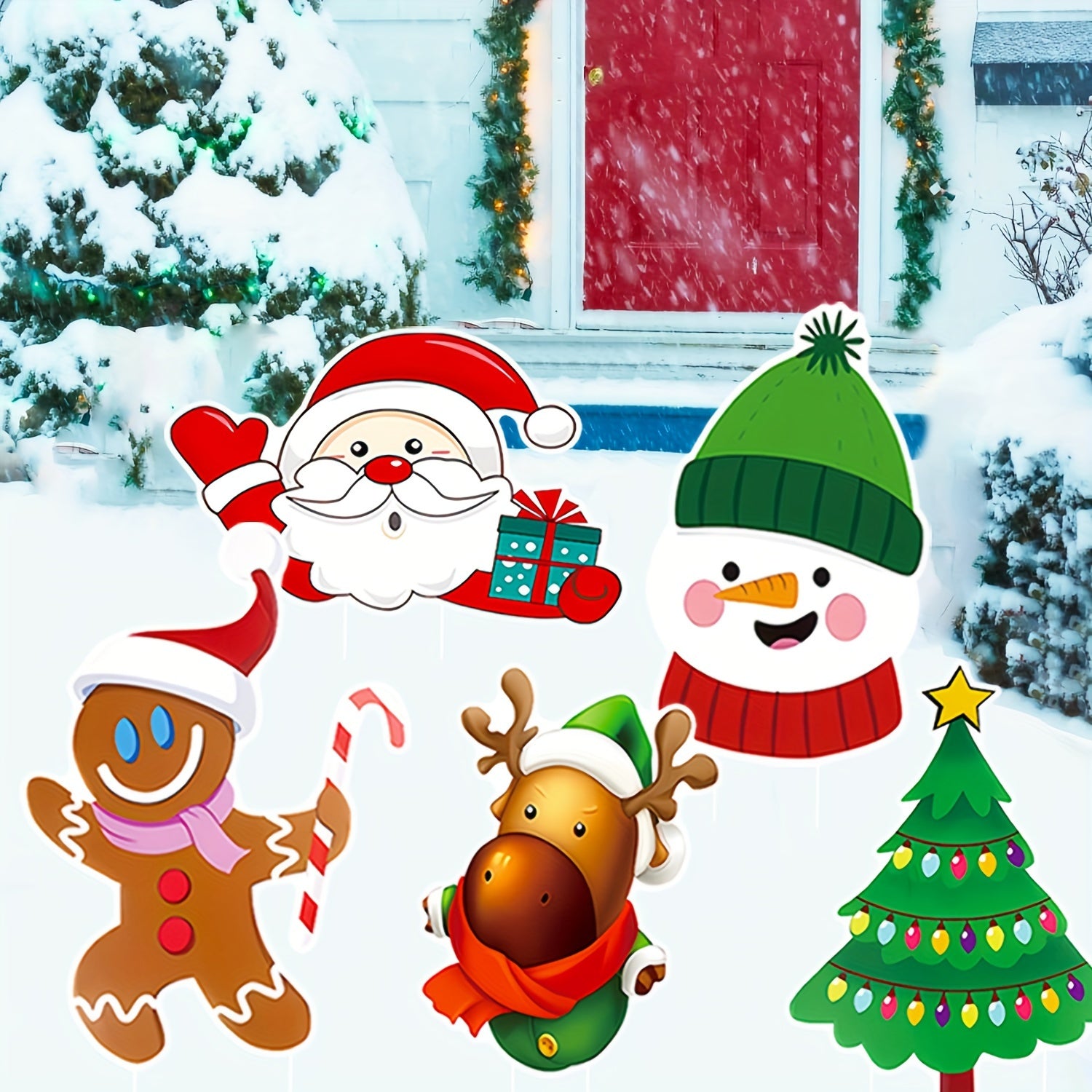 5 Pack Christmas Outdoor Yard Signs With Stakes Christmas Tree Reindeer Santa Gingerbread Snowman Signs Holiday Garden Sign For Xmas Winter Party Porch Lawn Walkway Decorations Outdoor Christmas Scene